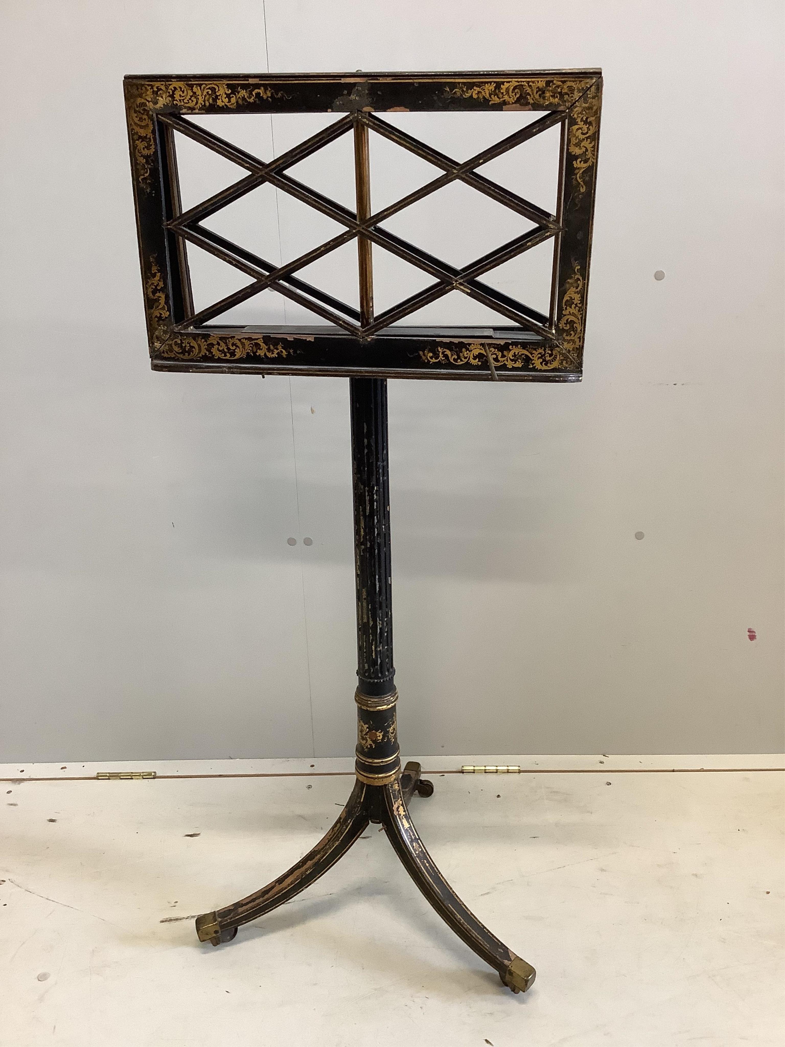 A Regency japanned duet music stand, height 118cm. Condition - poor-fair